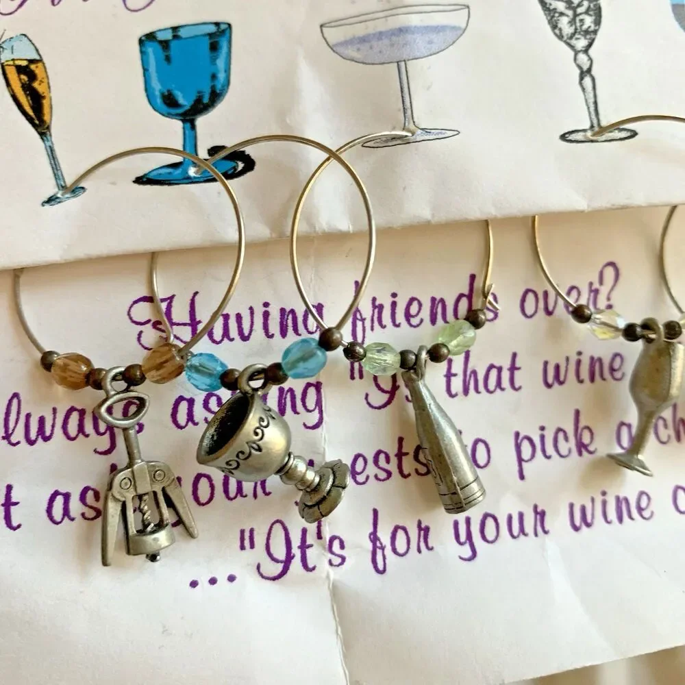 Vintage Pewter Glass Charms Cocktail Wine Set of 6 Holiday Beaded Rings Cute
